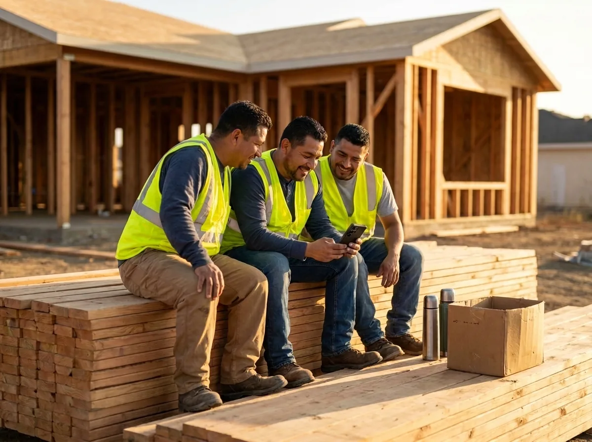 A construction crew in safety gear meeting at a jobsite