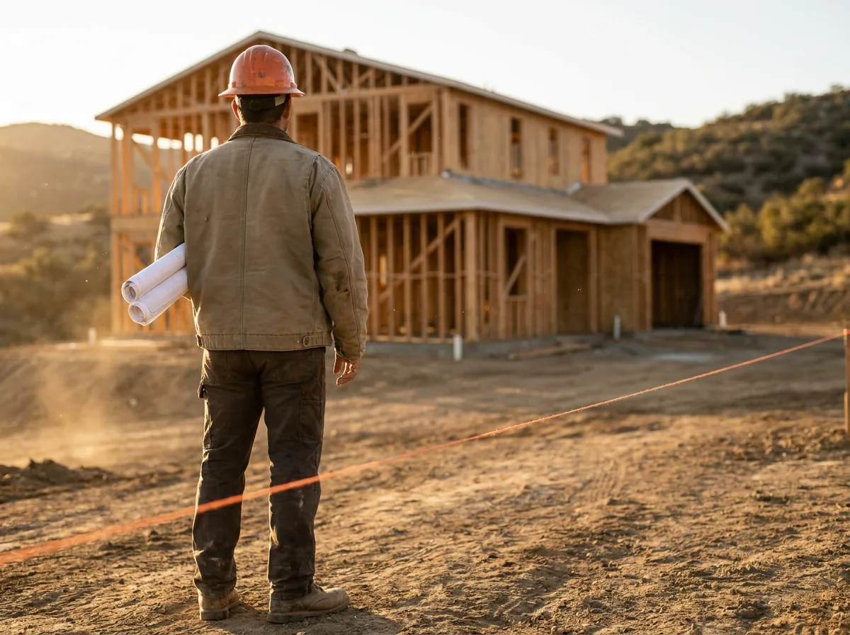 A general building contractor with blueprints at a framed jobsite