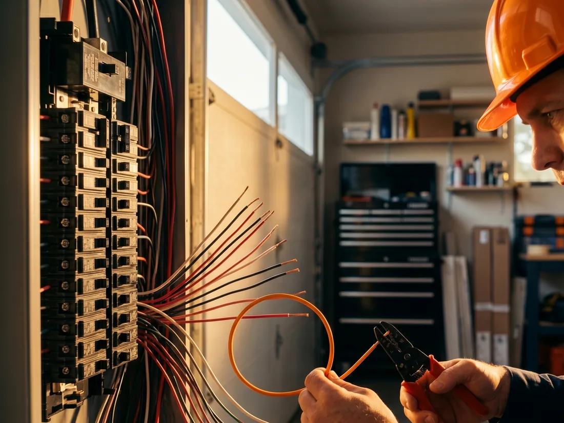 An electrician wiring an open breaker panel