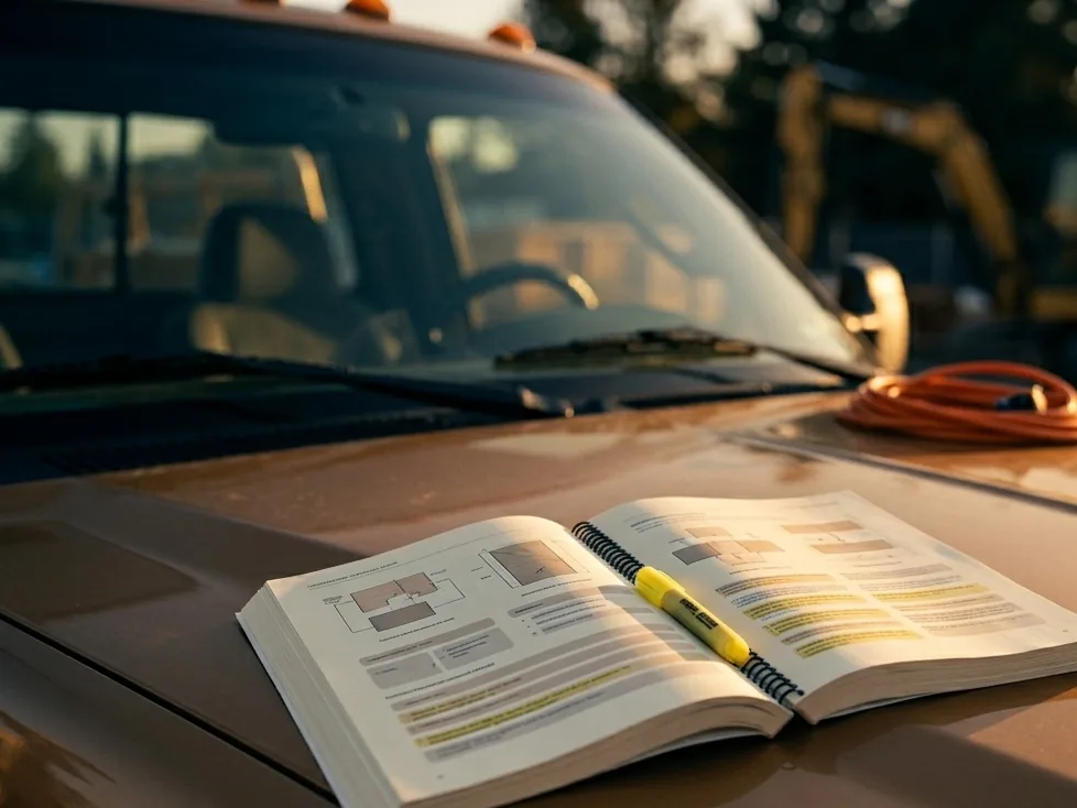 An open License Ladder study guide on a truck hood