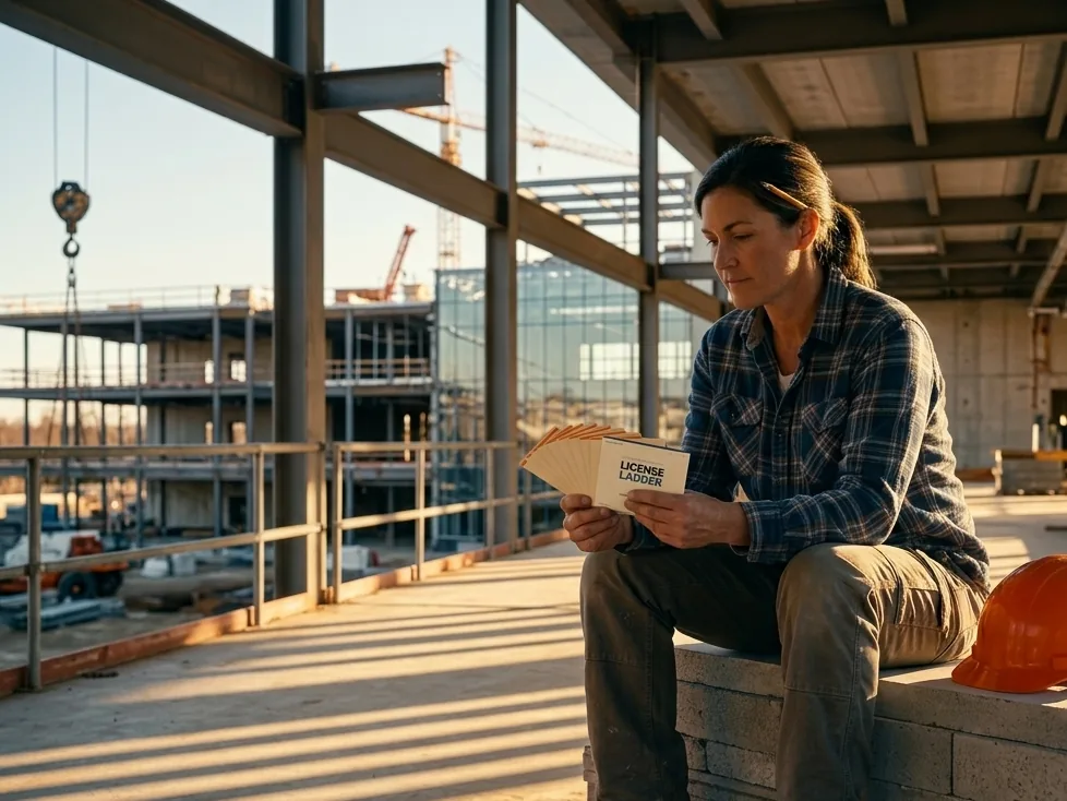 A contractor studying License Ladder cards on a construction site