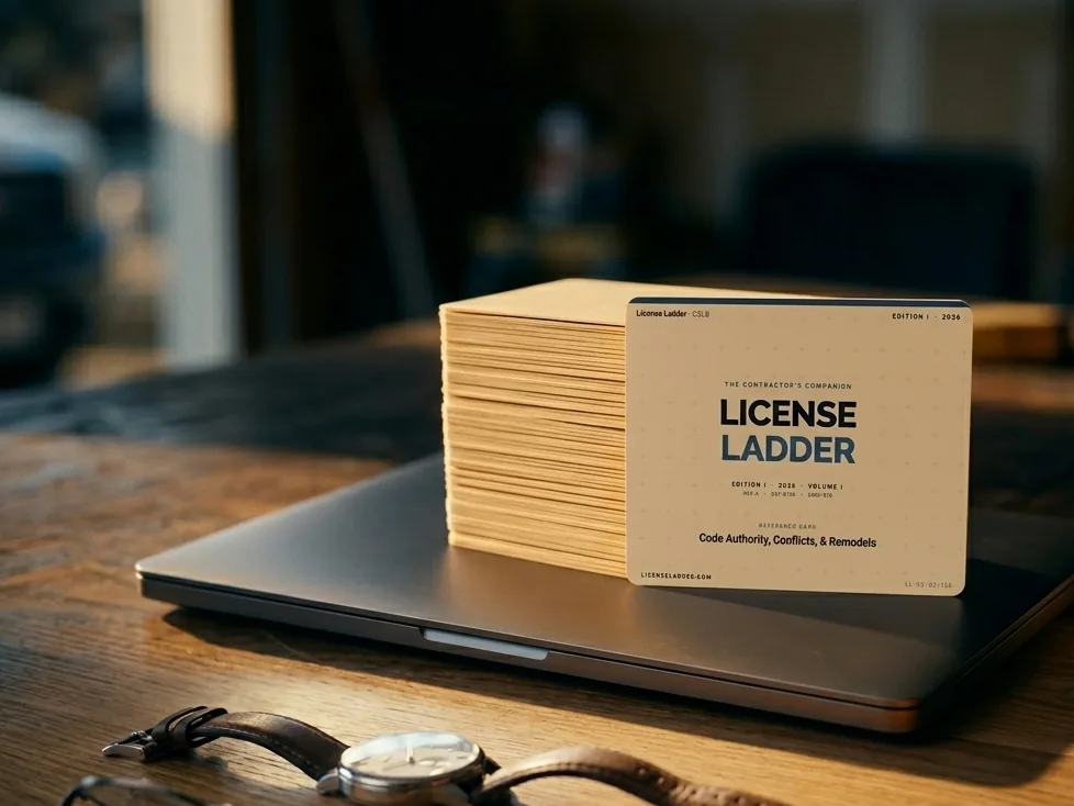 License Ladder flashcards and a laptop set up for a study session