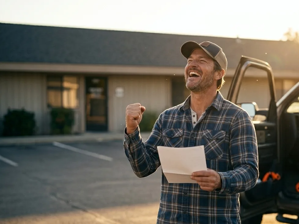 A contractor celebrating his passing exam result outside the test center