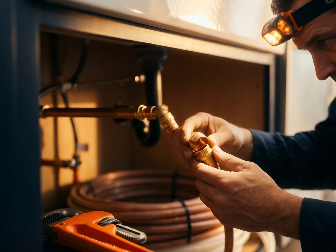 A plumber fitting copper pipe under a sink
