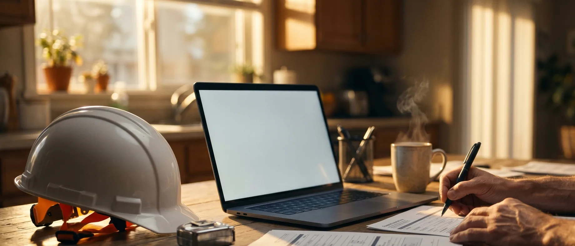 Filling out the CSLB contractor license application at a kitchen table