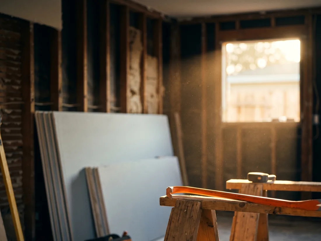 A residential remodel in progress, framing exposed