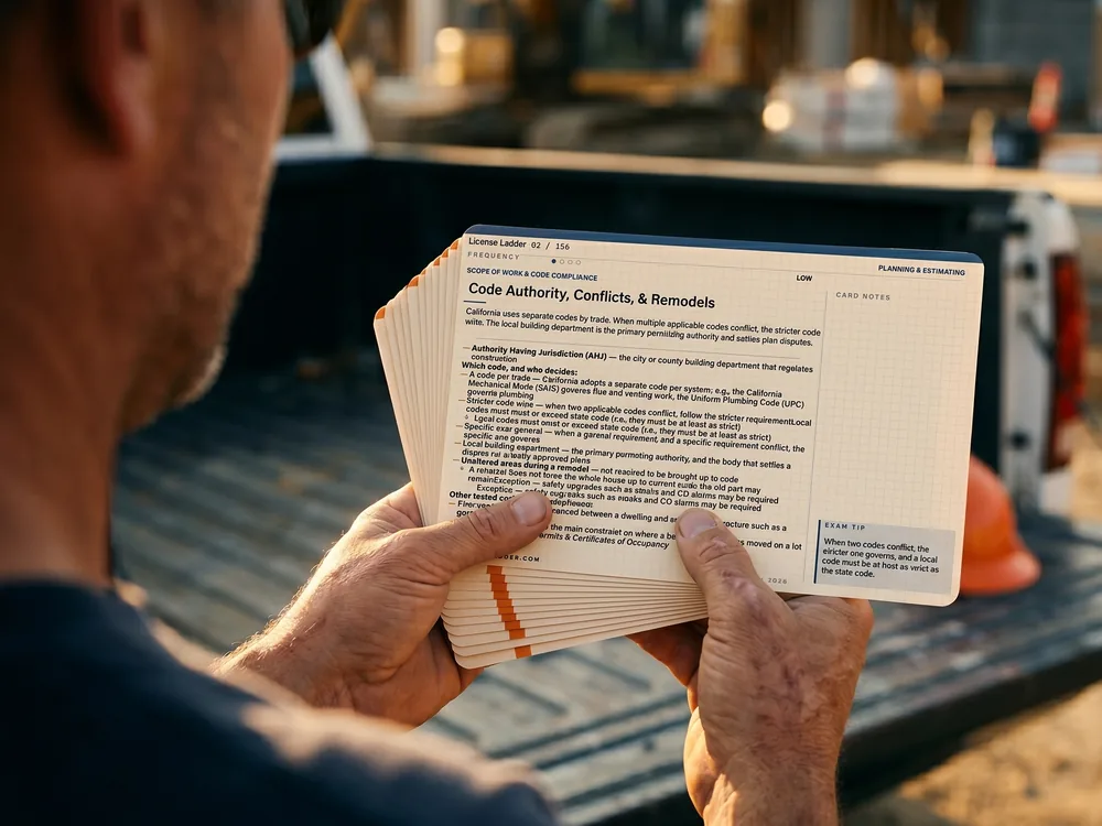 A contractor reviewing License Ladder flashcards on his truck tailgate