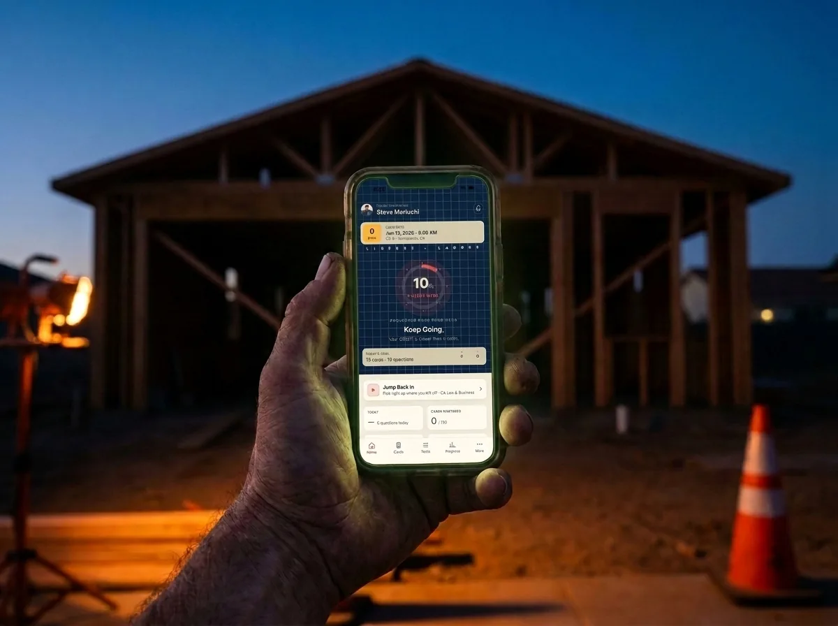 A green readiness score on the License Ladder app at a framed jobsite
