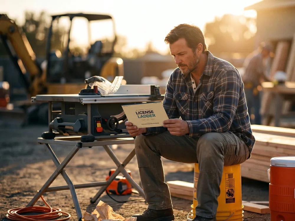 A contractor studying a License Ladder guide on site at golden hour