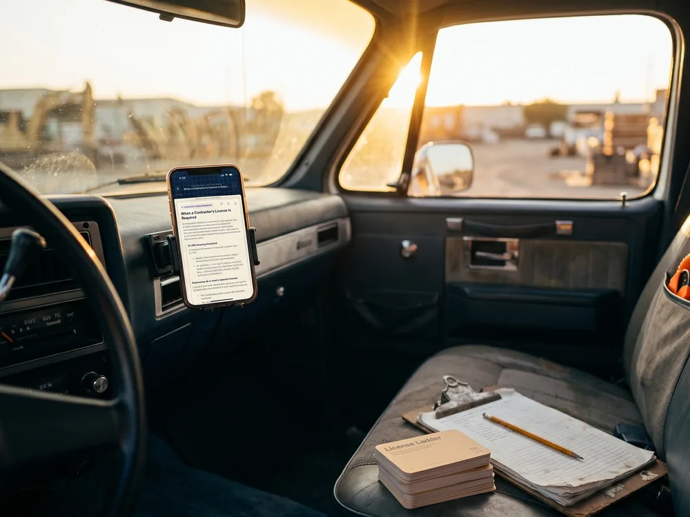 Studying License Ladder from a work truck, flashcards on the seat