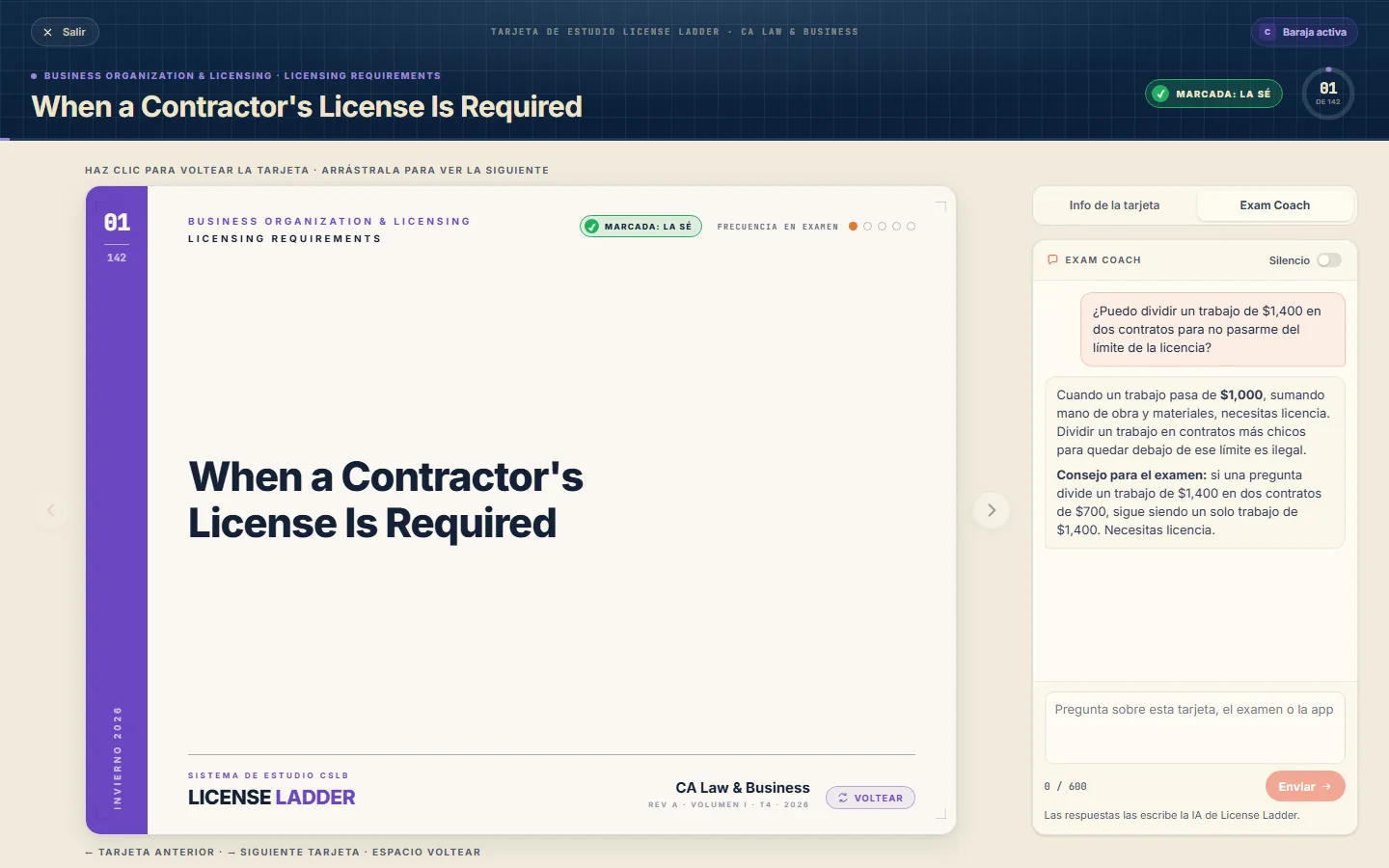 El sistema en línea de License Ladder: el AI Exam Coach