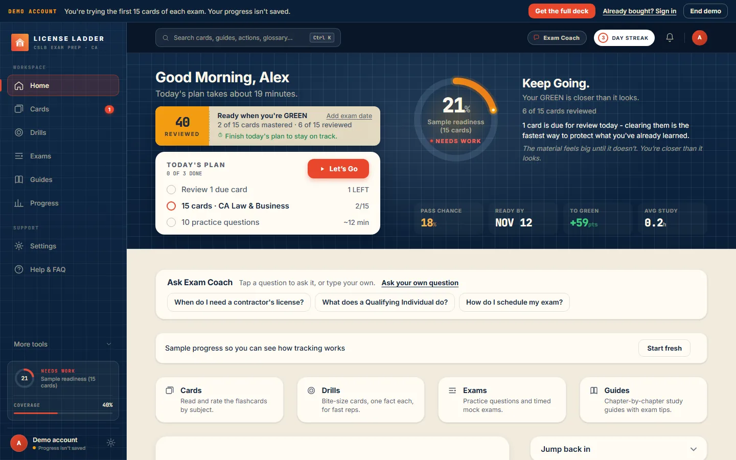 Home in the License Ladder free demo, with sample progress and Exam Coach